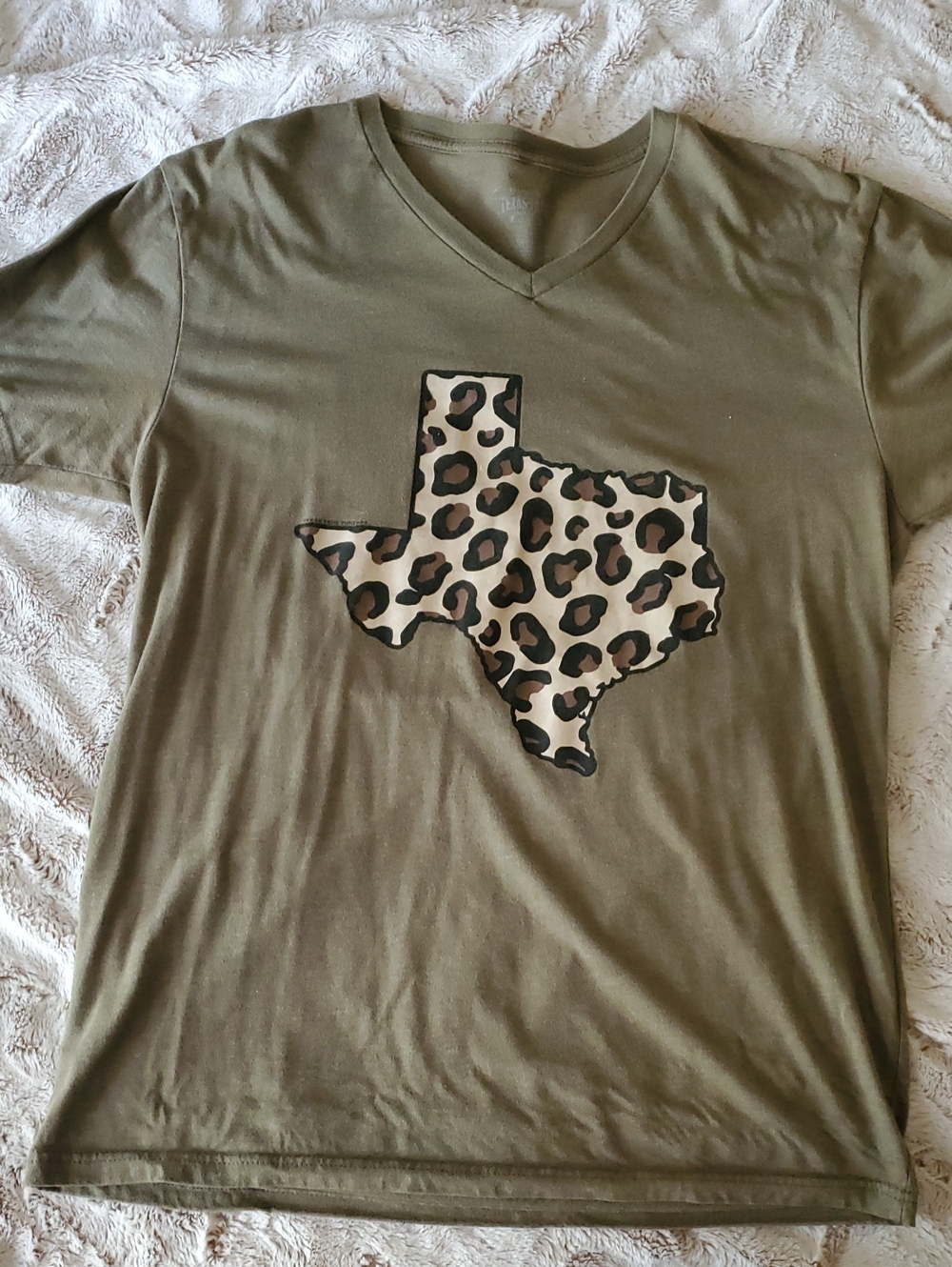 Olive Short Sleeve V-Neck Tee with Leopard Texas Graphic